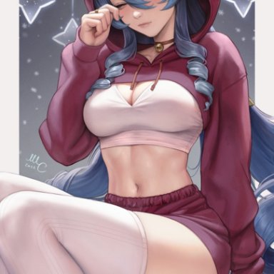 christmas, genshin impact, layla (genshin impact), sciamano240, 1girls, blue hair, breasts, christmas outfit, cleavage, clothing, drill hair, elf, elf female, hoodie, midriff