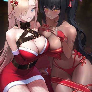 blue archive, christmas, asuna (blue archive), karin (blue archive), sbgu, 2girls, black hair, blonde hair, blue eyes, breasts, brown skin, chocolate and vanilla, cleavage, dark-skinned female, dark skin