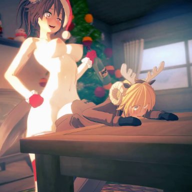 christmas, koikatsu, droibles1, evilzorak, nekonyan vr, nsfw sonia va, 1futa, 1girls, alcohol, audible creampie, bent over, blonde hair, brown hair, christmas clothing, christmas outfit