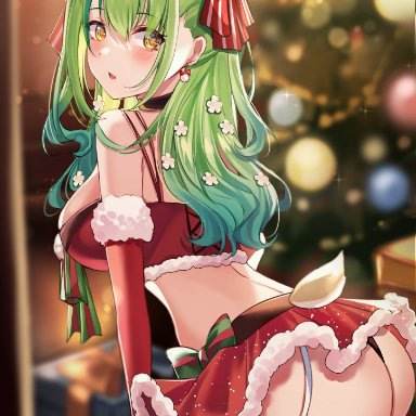 christmas, hololive, hololive english, hololive english -council-, ceres fauna, bow, christmas outfit, christmas tree, deer tail, detailed background, flowers in hair, green hair, horns, looking back, missletoe