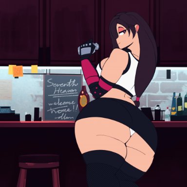 final fantasy, final fantasy vii, tifa lockhart, cdlum, 1girls, ass, ass shake, bar, big ass, big breasts, black hair, breasts, bubble butt, clothing, crop top