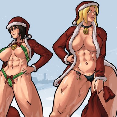 christmas, naruto, naruto (series), naruto shippuden, shizune, tsunade, equinox006, 2girls, abs, almost naked, areola, areola slip, bag, barely clothed, bell