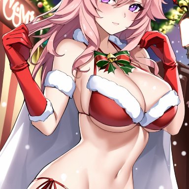 christmas, genshin impact, yae miko, stable diffusion, 1girls, bikini, breasts, cleavage, curvy, female, gloves, large breasts, pink hair, purple eyes, santa hat