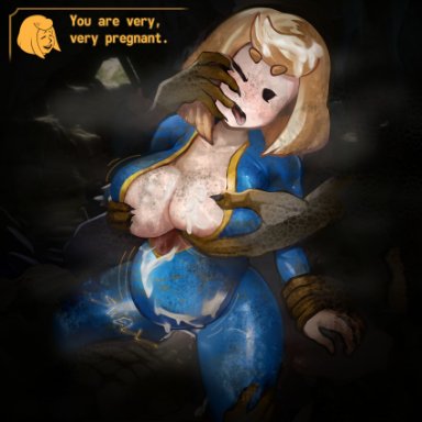 fallout, fallout new vegas, vault dweller, vault girl, vault meat, zoquete, 1girls, belly button, big breasts, black eyes, blonde hair, bodysuit, breast grab, cum, cum on breasts