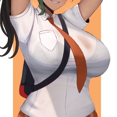 nintendo, pokemon, pokemon sv, nemona (pokemon), edmun, 1girls, alternate breast size, arms up, black hair, breasts, female, large breasts, long hair, long ponytail, ponytail