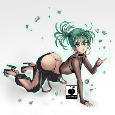 one-punch man, tatsumaki, linkartoon, big butt, female, green eyes, green hair, high heels, hoop earrings