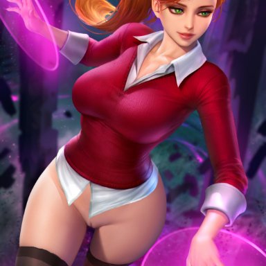 ben 10, gwen tennyson, neoartcore, nudtawut thongmai, bottomless, green eyes, large breasts, looking away, pussy, red hair, shaved pussy, slim waist, straight hair, sweater, thick thighs
