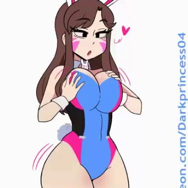 overwatch, d.va, darkprincess04, 1girls, black eyes, breast squeeze, breasts, brown hair, bunny ears, cleavage, clothed, facial markings, female, female only, hands on own breasts