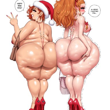 christmas, new year, amber (fellatrix), mary lou (fellatrix), fellatrix, 2girls, bikini, bimbo, bubble butt, cellulite, high heels, hoop earrings, hoop earrings oversized, long fingernails, long nails