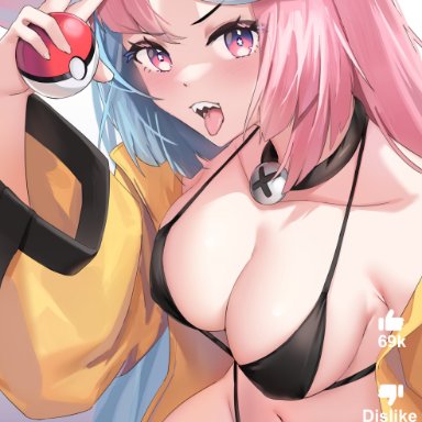 nintendo, pokemon, pokemon sv, gym leader, iono (pokemon), skai kun, 1girls, big breasts, bikini, blush, breasts, eye contact, female, female only, holding poke ball