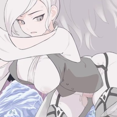 rwby, rwby: arrowfell, winter schnee, 100wang, segal03, wangxiii, 1girls, ambiguous penetration, areolae, breasts, clothed, clothed sex, cum, cum drip, cum inside