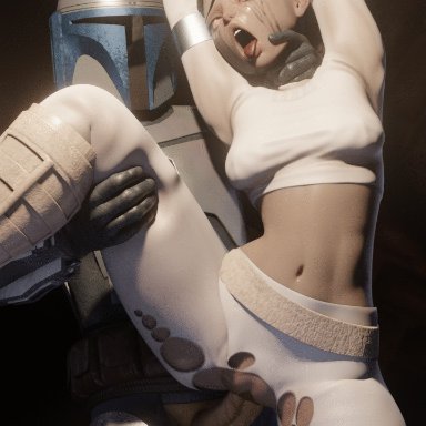 star wars, jango fett, padme amidala, apulaz, crossbowpussycat, ahe gao, armor, brown hair, dubious consent, eyes rolling back, from behind, leaking, makeup, makeup running, midriff