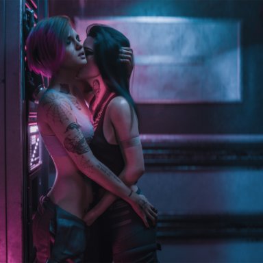 cyberpunk 2077, judy alvarez, v (cyberpunk 2077), ecksoh, 2girls, ass grab, clothed, clothing, female, female focus, female on top, female only, kissing, masturbation, tattoo