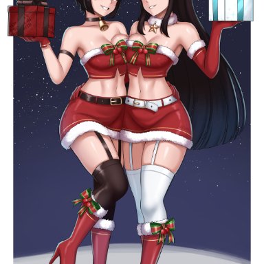 christmas, rwby, melanie malachite, miltiades malachite, cslucaris, 2girls, black hair, blush, boots, breasts, christmas outfit, eye contact, high heels boots, legwear, long hair