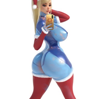 christmas, holidays, metroid, nintendo, samus aran, popogori, 1girls, big ass, big breasts, big butt, bimbo, blonde, blonde hair, blue eyes, bodypaint