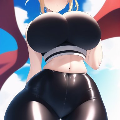 my hero academia, himiko toga, stable diffusion, 1girl, 1girls, big breasts, blonde hair, breasts, female, female only, gym uniform, huge breasts, latex, looking at viewer, looking down