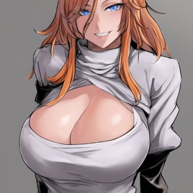 bleach, matsumoto rangiku, merukuma, 1girl, blue eyes, breasts, breasts bigger than head, cleavage, cleavage cutout, dress, grey background, grey dress, grey shirt, huge breasts, light-skinned female