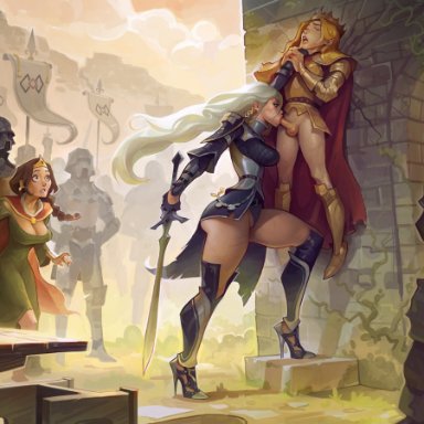 original, angelise reiter, owusyr, 1boy, 2girls, against wall, armor, banner, blonde hair, bottomless, cleavage, cracked wall, crowd, cuckquean, detailed background