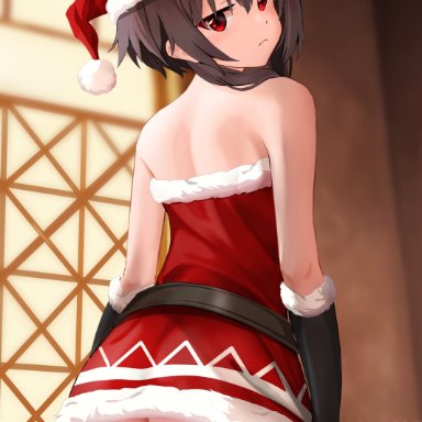 christmas, megumin, gibun (sozoshu), 1girls, ass, big ass, brown hair, christmas outfit, eye contact, female, female only, gloves, grabbing own ass, looking at viewer, looking back