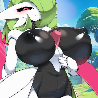 nintendo, pokemon, pokemon sv, generation 9 pokemon, iron valiant, paradox pokemon, pok&#233;mon (species), ashraely, 1girls, breasts, busty, chest spike, female, green hair, hair over one eye