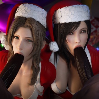 final fantasy, final fantasy vii, aerith gainsborough, tifa lockhart, currysfm, 2boys, 2girls, blowjob, dark-skinned male, fellatio, female, female focus, hetero, interracial, light-skinned female