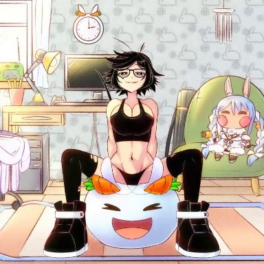 hololive, don-chan (usada pekora), roboco-san, uni (unexistarts), usada pekora, gyorai, unexistarts, big breasts, black hair, bouncing breasts, underwear, 2d, animated, loop, no sound