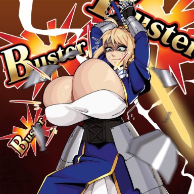 fate/grand order, fate/stay night, fate (series), artoria pendragon, artoria pendragon (all), artoria pendragon (fate), artoria pendragon (saber), saber, strongmoist, 1girls, action lines, alternate breast size, arm raised, armor, armor break