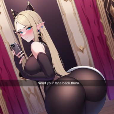 snapchat, nai diffusion, stable diffusion, 1girls, ass, bare shoulders, belt, bent over, black sleeves, blonde hair, blue eyes, blush, bodystocking, cat ears, costume