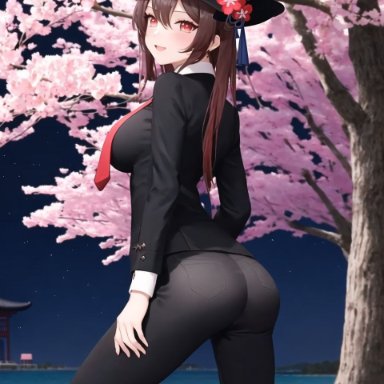 genshin impact, hu tao (genshin impact), nai diffusion, stable diffusion, alternate costume, ass, blush, breasts, brown hair, cherry blossoms, female, formal, from behind, hat, hat ornament