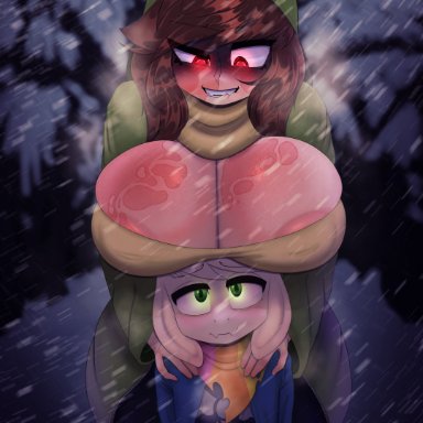 undertale, undertale (series), asriel dreemurr, chara, darky, 1boy, 1boy1girl, 1girl, 1girls, anthro, bandana, big boobs, big breasts, bigger female, biting lip