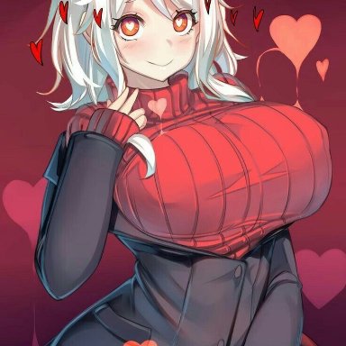 helltaker, modeus (helltaker), shiki (psychedelic g2), big breasts, demon girl, demon horns, demon tail, heart-shaped pupils, hearts around head, looking at viewer, red eyes, red sweater, short hair, short white hair, suit jacket