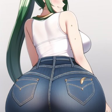 kid icarus, kid icarus uprising, nintendo, palutena, nai diffusion, stable diffusion, ass focus, curvy, curvy figure, gigantic ass, gold eyes, green hair, high waisted pants, huge ass, huge breasts