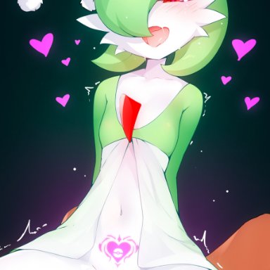 pokemon, gardevoir, pok&#233;mon (species), ricegnat, 1boy, bangs, blush, collarbone, colored skin, cowgirl position, cum, female, fur trim, hair over one eye, hat