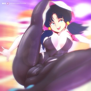 dragon ball, dragon ball z, marvel, shounen jump, spider-gwen (cosplay), videl, mrmlix, 1girls, bangs, big breasts, black hair, blue eyes, breasts, clothed, clothing