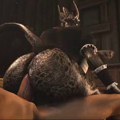 skyrim, argonian, rayhuma, 1boy, 1futa, anal, anal sex, anthro, athletic futanari, back, back view, balls, big ass, big breasts, bottomless