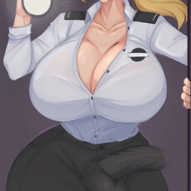 five nights at freddy's, fnaf, scottgames, night guard (fnaf), vanessa (fnaf), spookiebuni, 1futa, big breasts, blonde hair, breasts, bulge, cleavage, clothed, clothed female, clothing