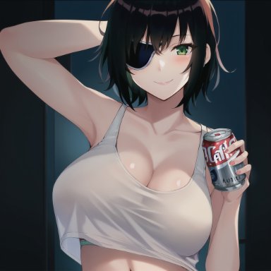 chainsaw man, himeno (chainsaw man), prixmal, 1girls, armpits, arms up, beer, big breasts, cleavage, eye patch, female, female only, green eyes, light-skinned female, light skin