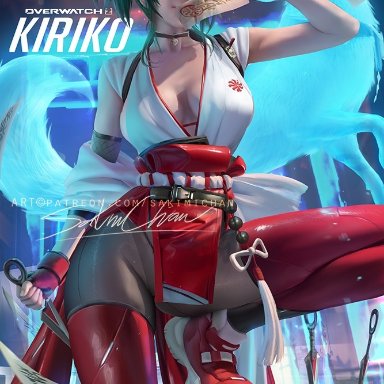 blizzard entertainment, overwatch, overwatch 2, kiriko (overwatch), sakimichan, asian female, cleavage, female, fingerless gloves, green eyes, green hair, japanese clothes, kunai, mask on head, red legwear