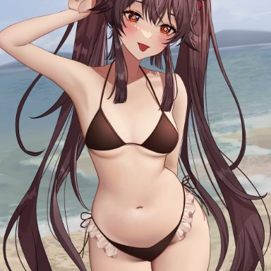 genshin impact, hu tao (genshin impact), 1girl, 1girls, abdomen, beach, belly, belly button, bikini, birth bearing, birth bearing hips, birthing hips, black bikini, blush, blush lines