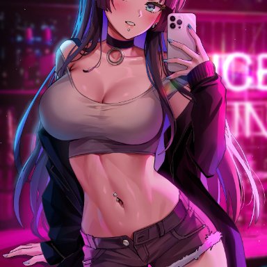 bocchi the rock!, pa-san, foxyrain, foxyreine, 1girls, aqua eyes, belly button piercing, black hair, blush, booty shorts, breasts, choker, crop top, facial piercing, female