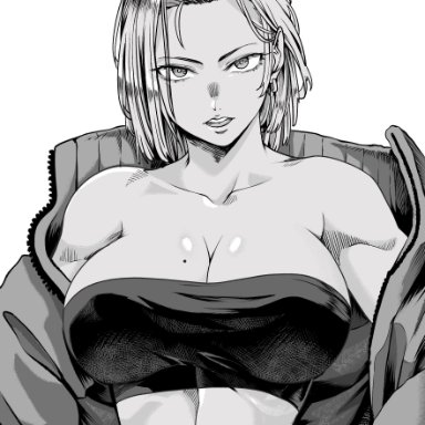 dragon ball, dragon ball z, android 18, artkerana, kerana art, 1girl, breasts, female, large breasts, mole on breast, open mouth, top, wide hips, monochrome