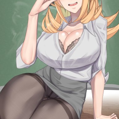 game freak, nintendo, pokemon, pokemon bw, cynthia (pokemon), shirosuke115, 1girls, big breasts, blonde hair, cleavage, curvaceous, curvy figure, female only, glasses, long hair