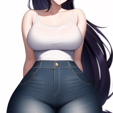 league of legends, ahri, nai diffusion, stable diffusion, blue eyes, curvy, curvy figure, fox ears, high waisted pants, huge ass, huge breasts, huge hips, jeans, long hair, looking at viewer