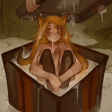 christmas, holidays, syvaron, 1futa, animal ears, animal humanoid, blonde hair, bodily fluids, breasts, cat humanoid, clothing, container, cum, cum drip, cum everywhere