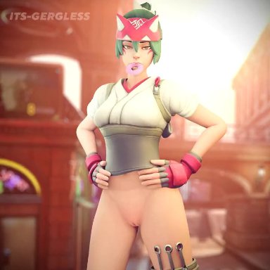overwatch, kiriko (overwatch), its-gergless, 1girls, bottomless, brown eyes, donut, female, female only, flashing breasts, food, green hair, looking at viewer, mouth hold, pussy