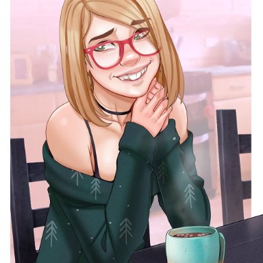 andavaverse, christmas, darcy redd, andava, 1girls, bare shoulders, brown eyes, brown hair, choker, christmas clothing, cup, female, female only, glasses, hot chocolate