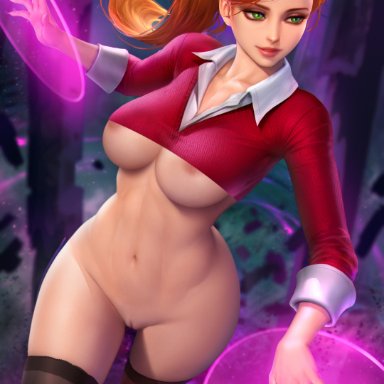 ben 10, ben 10 alien force, cartoon network, gwen tennyson, neoartcore, nudtawut thongmai, 1girl, bottomless, cut-off top, green eyes, large breasts, long sleeves, looking away, pussy, red hair