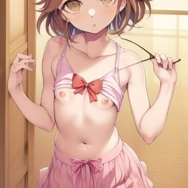 danganronpa, danganronpa: trigger happy havoc, fujisaki chihiro, stable diffusion, 1boy, 1femboy, bikini top, blush, brown eyes, brown hair, crossdressing, crossdressing male, exposed nipples, flat chest, flat chested