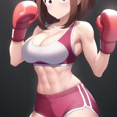 boku no hero academia, my hero academia, ochako uraraka, uraraka ochako, nai diffusion, stable diffusion, 1girls, abs, athletic, athletic female, big thighs, black background, boxing, boxing gloves, breasts