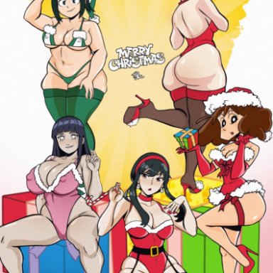 christmas, dragon ball, dragon ball z, my hero academia, naruto, shin chan, spy x family, bulma briefs, character request, hyuuga hinata, inko midoriya, misae nohara, yor briar, terryalec, 5girls